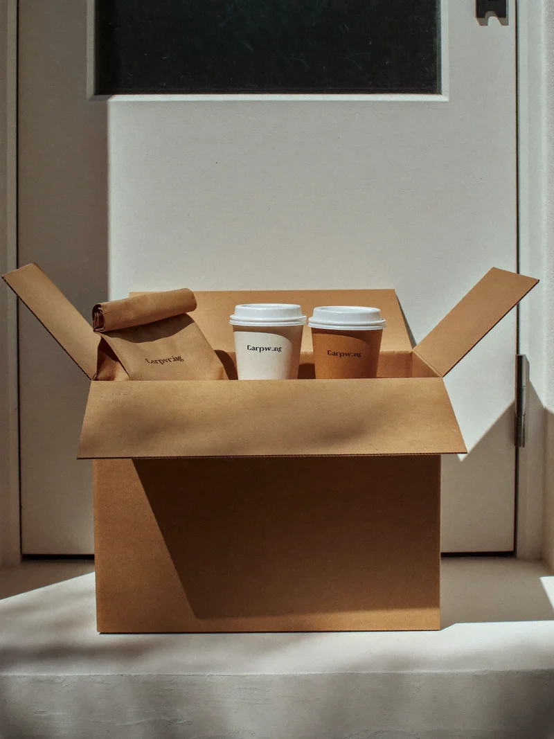 Scatola di cartone con sacchetti di caffè e bicchieri sigillati davanti a una porta
